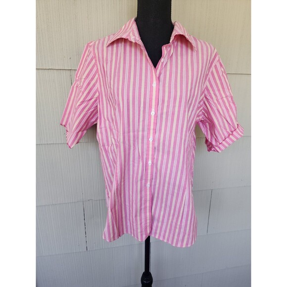 Kirkland Signature Womens Pink 3/4 Stripe Sleeve Button-Down Shirt Large L 12/14 - Picture 1 of 6